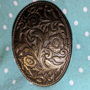 Engraved flower brass belt buckle